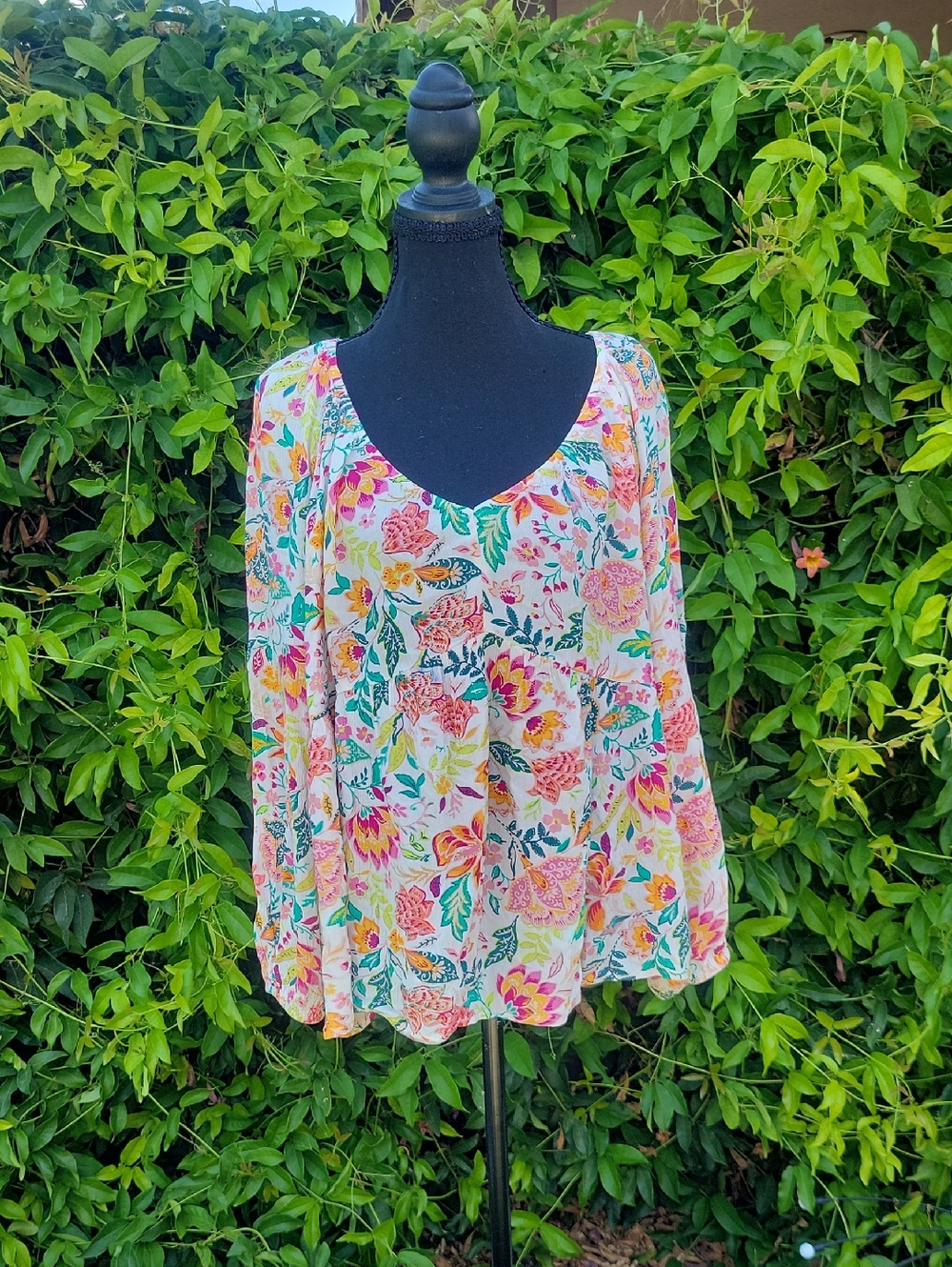 Floral Scoop-Neck Long Sleeve Boho Blouse — White,Pink,Yellow & Green Print XXL